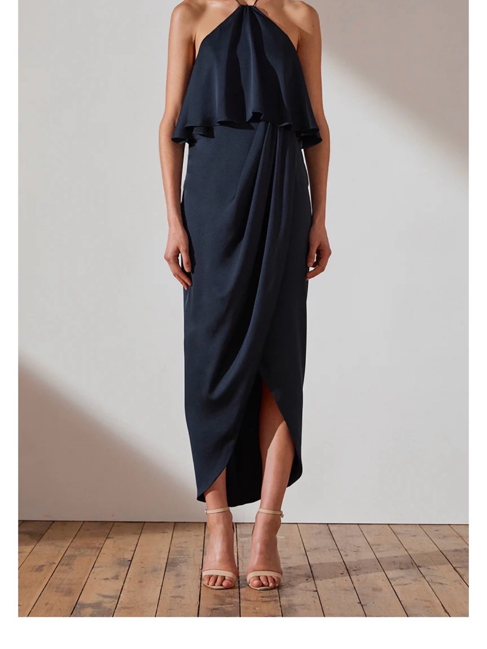 Shona Joy Navy Draped Halter Midi Skirt NEW